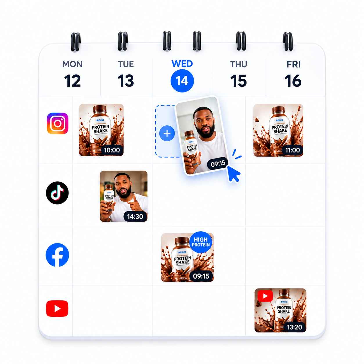 beREEL scheduling UI with calendar slots and channel picker