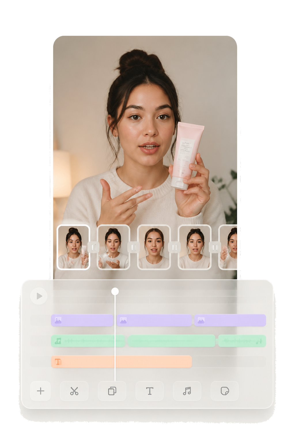 Vertical timeline editor with trim bar and multi-track layout in beREEL